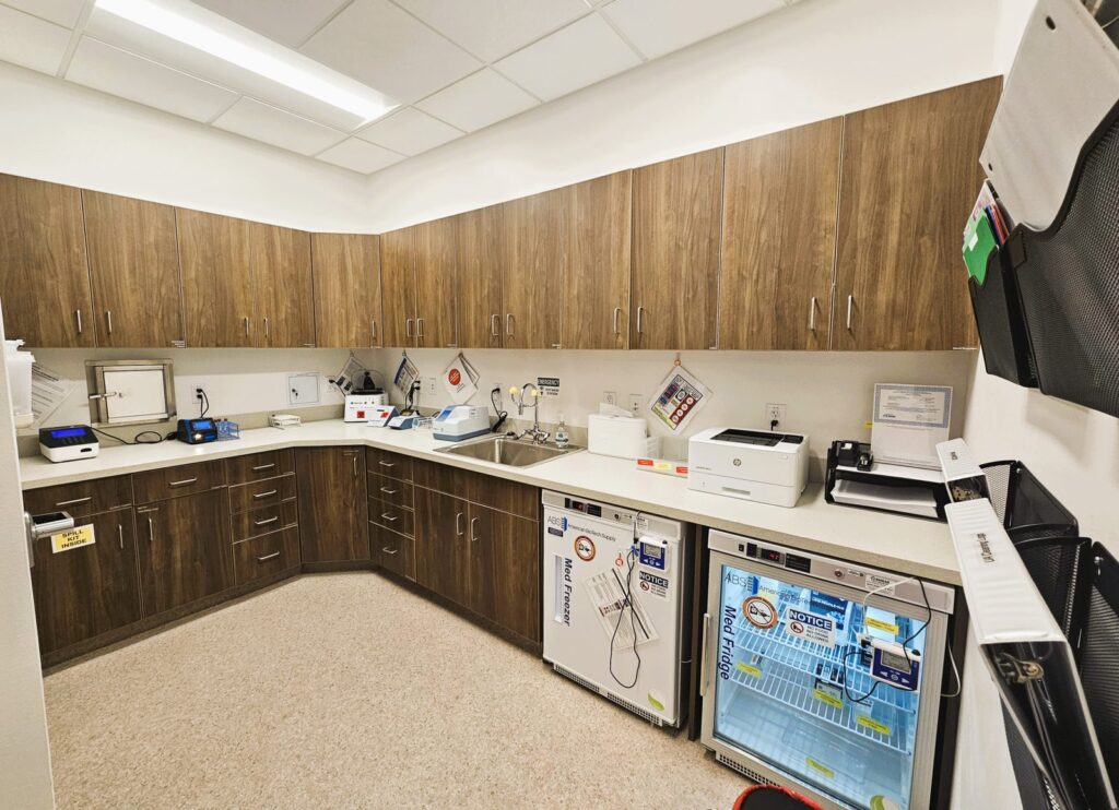 Medical lab with casework and medication refrigeration at Crossover Health in Layton, Utah, built by PJF Corporation