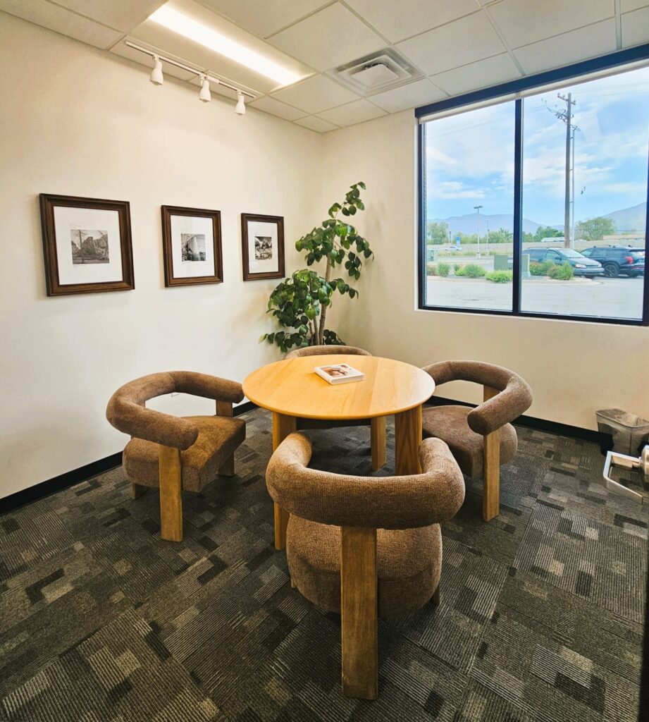 Team meeting room with mountain views at Crossover Health in Layton, Utah, an office tenant improvement by PJF Corporation