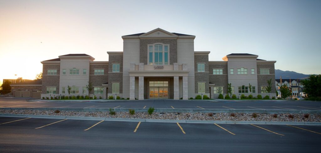 Full front facade of the two-story medical building at the Tanner Clinic Women's Center in Layton, Utah, built by PJF Corporation